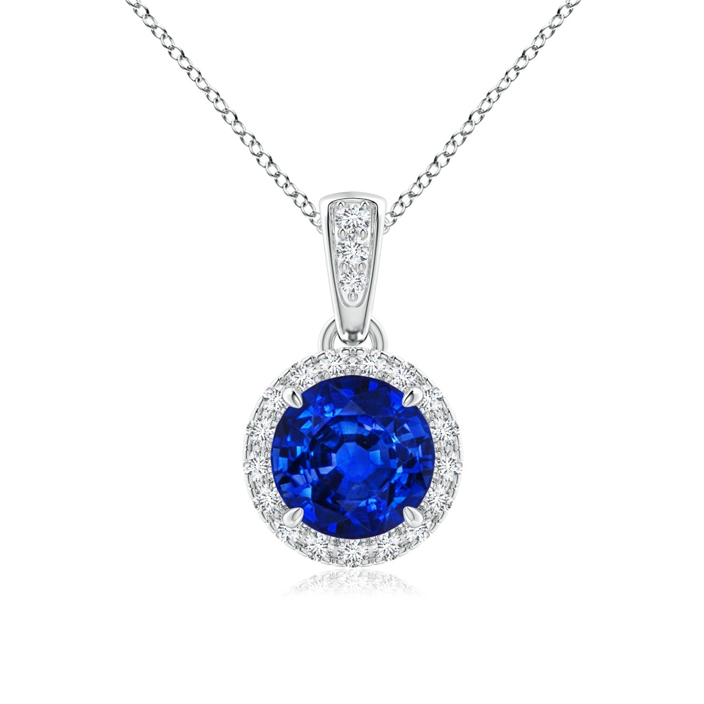 6mm Lab-Grown Claw-Set Round Sapphire Pendant with Diamond Halo in White Gold