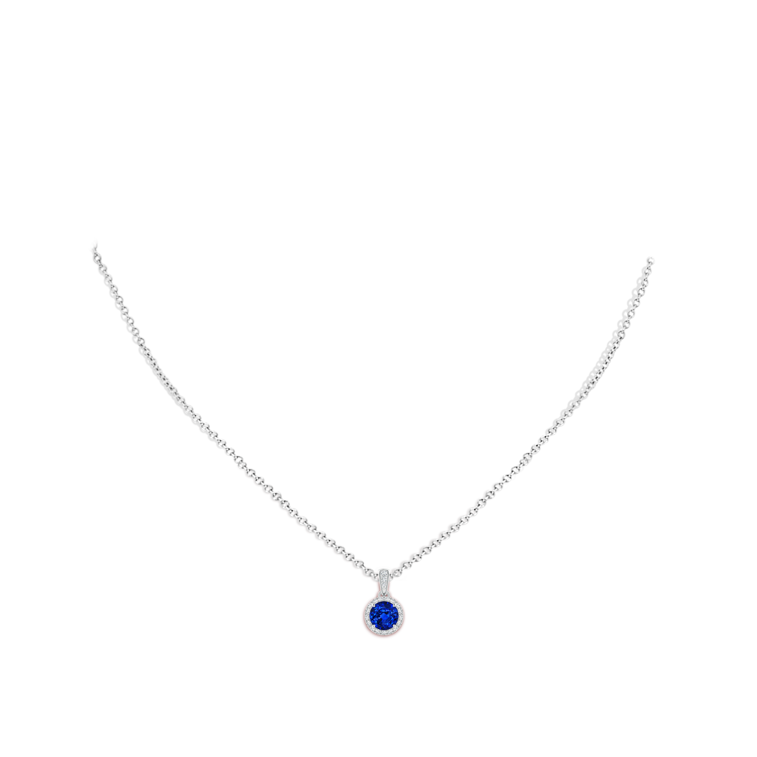 6mm AAAA Claw-Set Round Sapphire Pendant with Diamond Halo in White Gold - body_neck