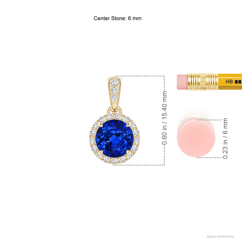 6mm AAAA Claw-Set Round Sapphire Pendant with Diamond Halo in Yellow Gold ruler