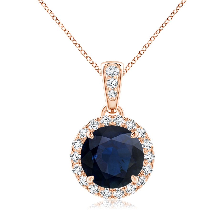 7mm A Claw-Set Round Sapphire Pendant with Diamond Halo in Rose Gold 