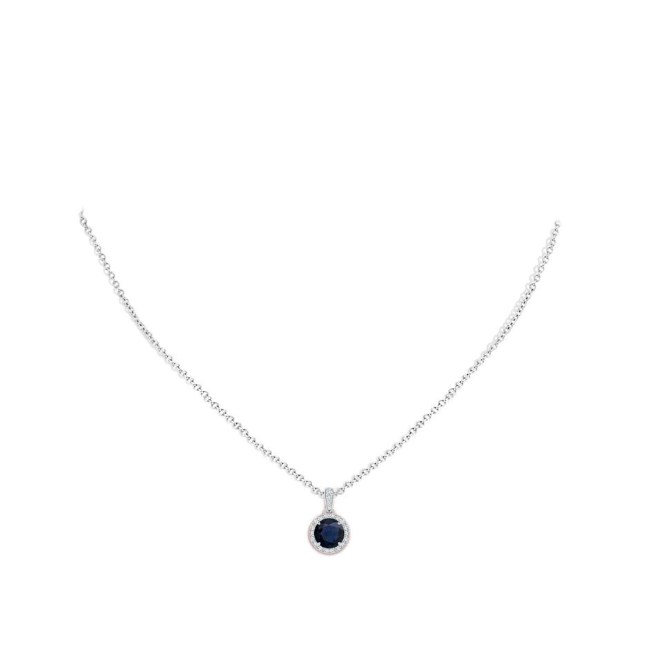 7mm A Claw-Set Round Sapphire Pendant with Diamond Halo in White Gold body-neck