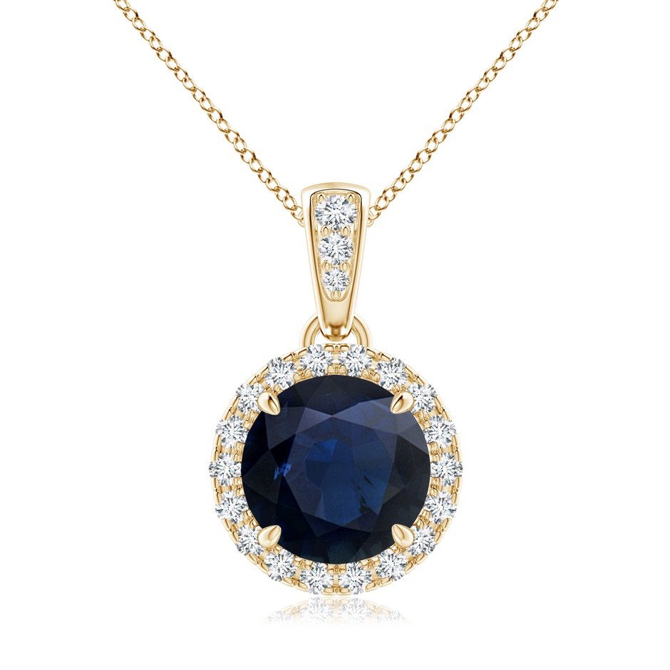 7mm A Claw-Set Round Sapphire Pendant with Diamond Halo in Yellow Gold 