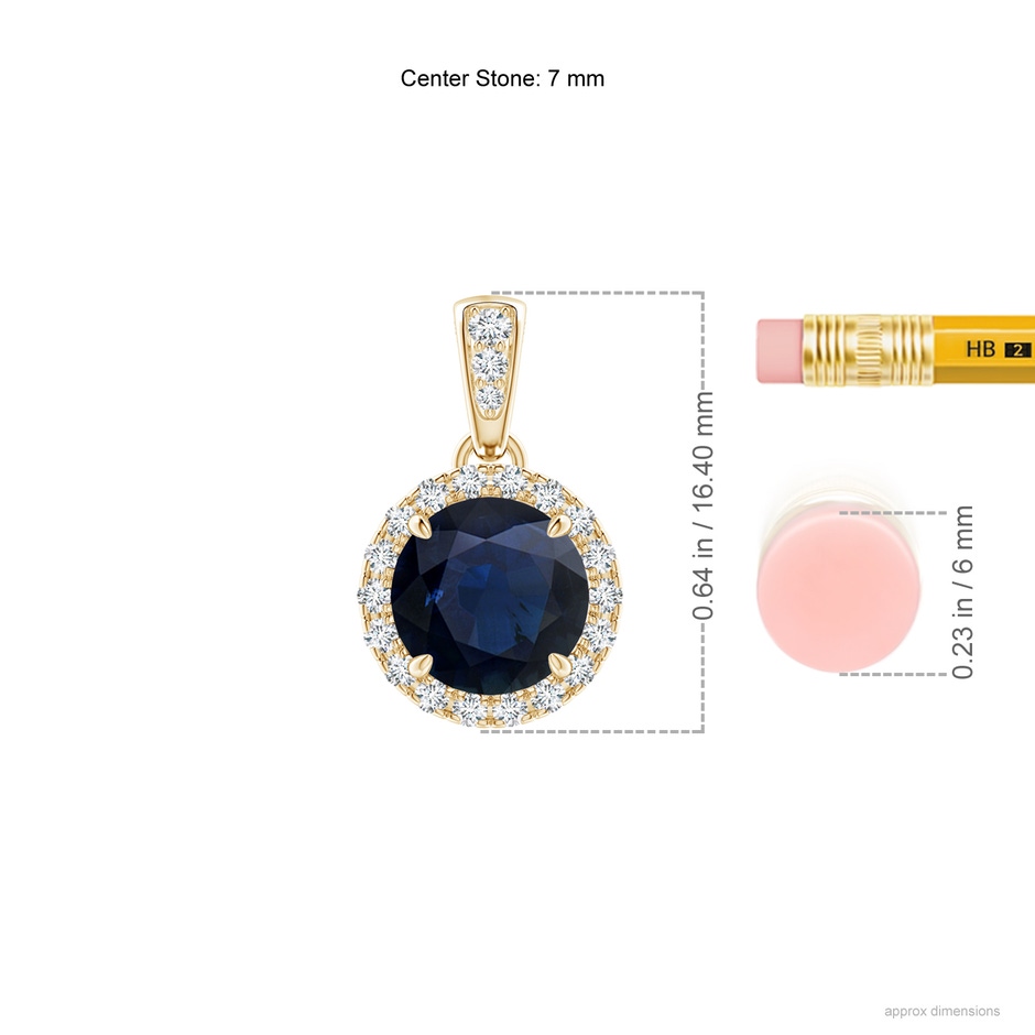 7mm A Claw-Set Round Sapphire Pendant with Diamond Halo in Yellow Gold ruler