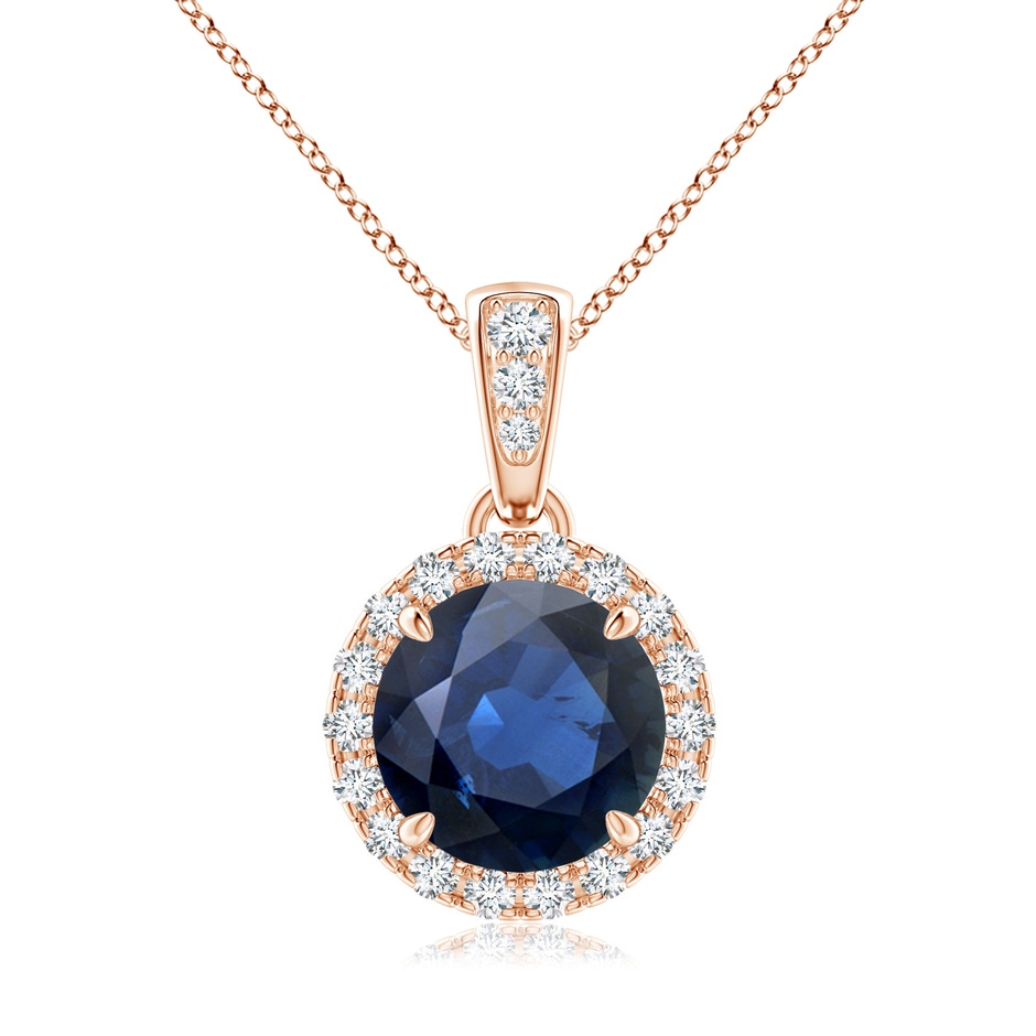 7mm AA Claw-Set Round Sapphire Pendant with Diamond Halo in Rose Gold 