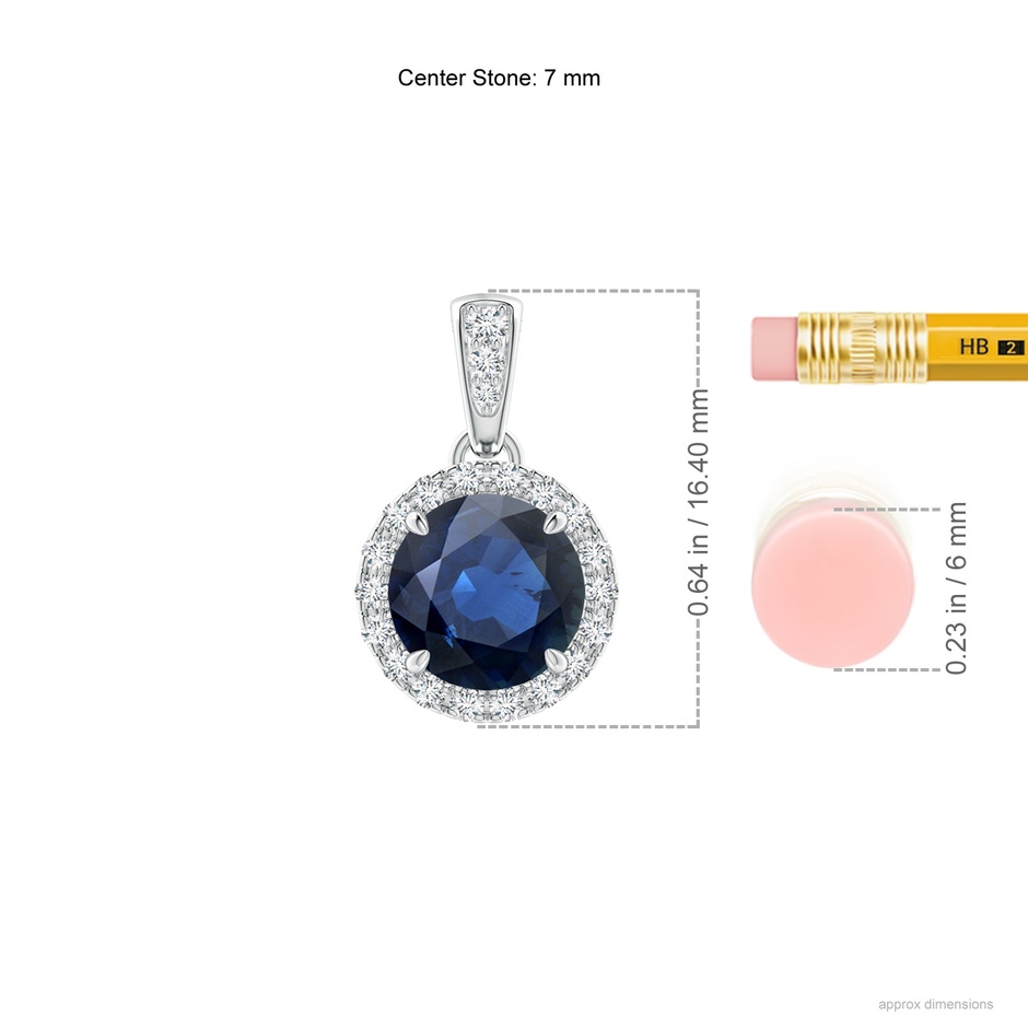 7mm AA Claw-Set Round Sapphire Pendant with Diamond Halo in White Gold ruler