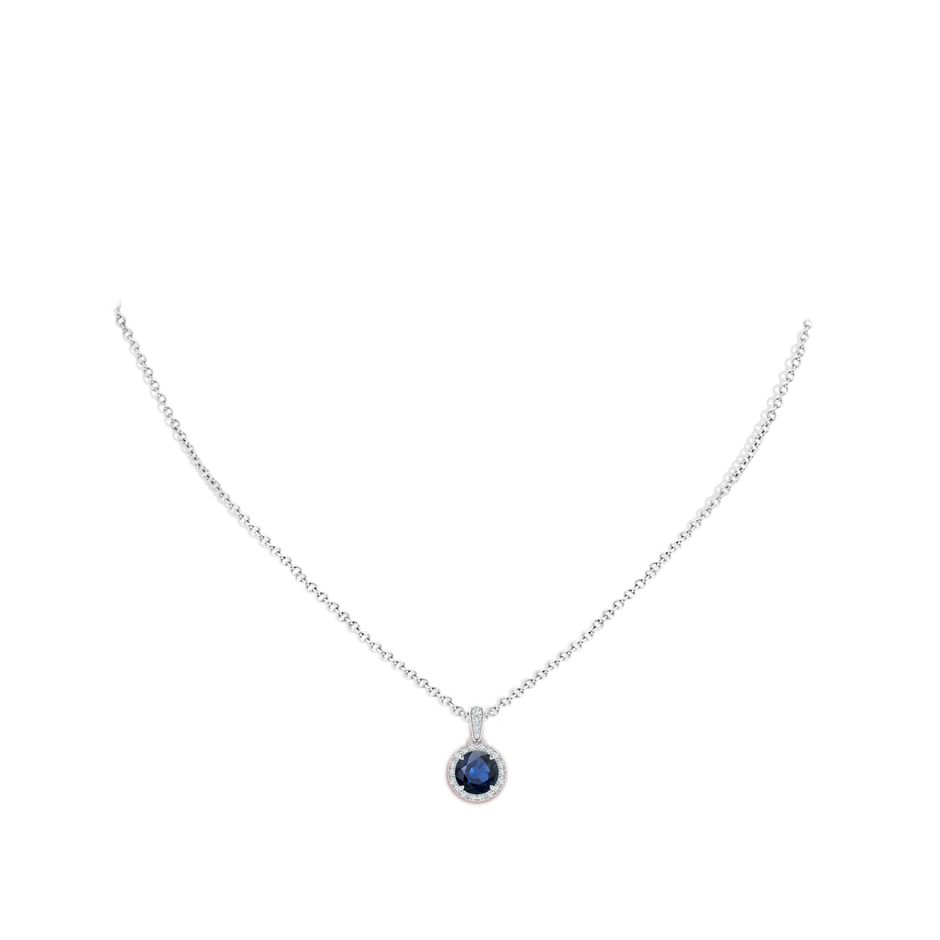7mm AA Claw-Set Round Sapphire Pendant with Diamond Halo in White Gold body-neck