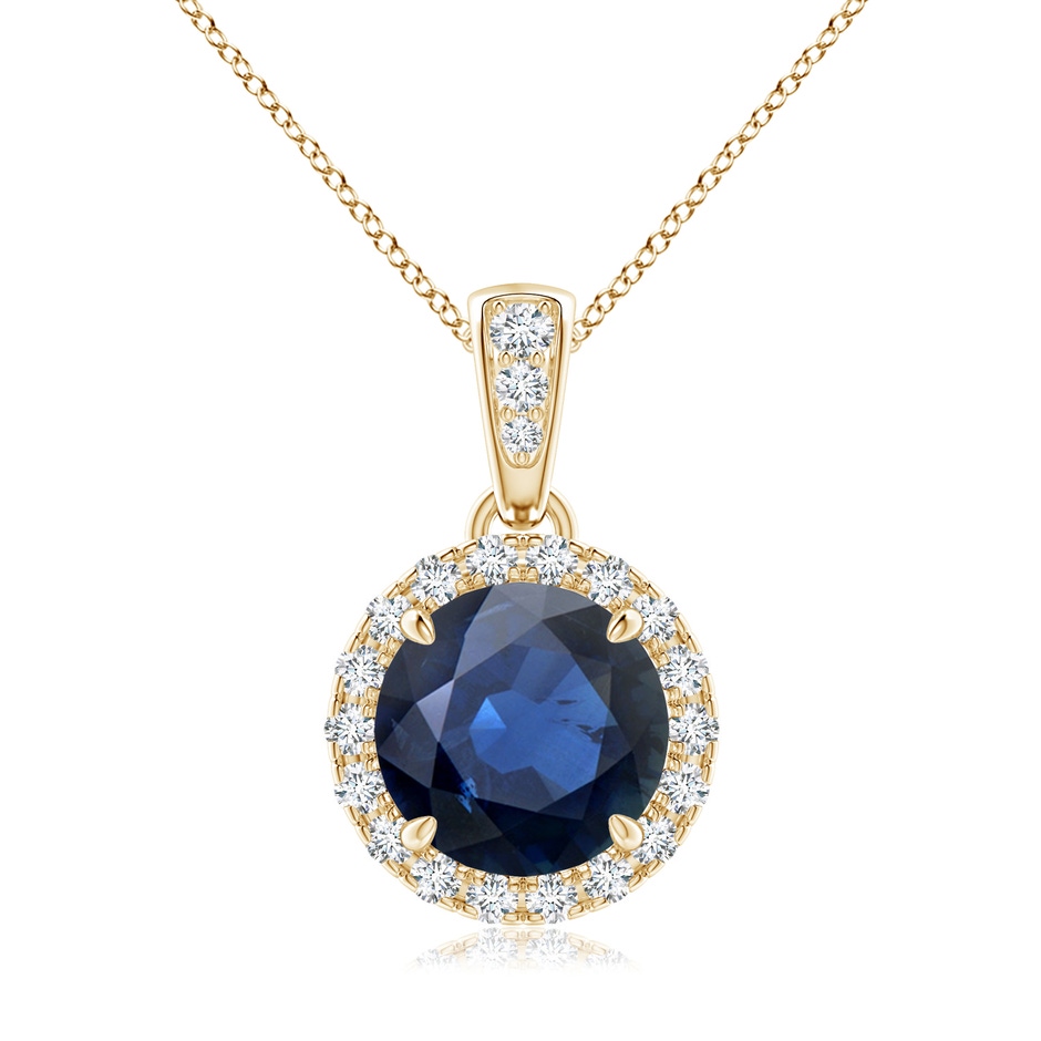 7mm AA Claw-Set Round Sapphire Pendant with Diamond Halo in Yellow Gold 