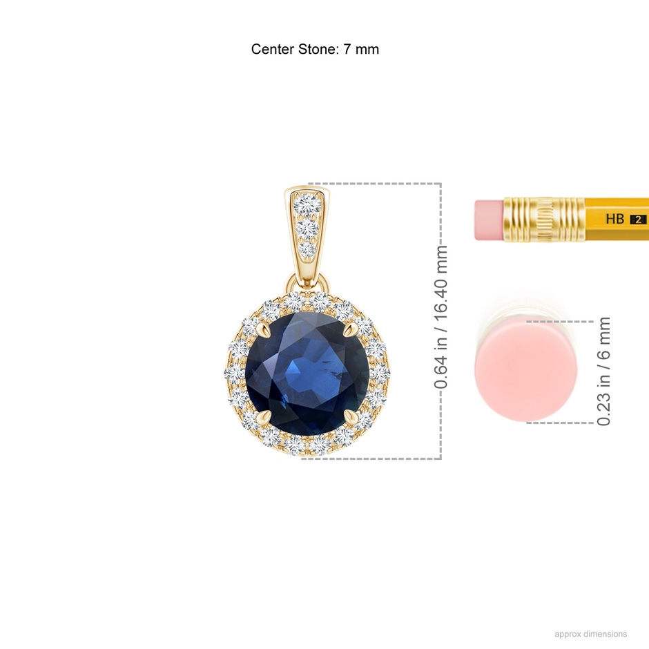7mm AA Claw-Set Round Sapphire Pendant with Diamond Halo in Yellow Gold ruler