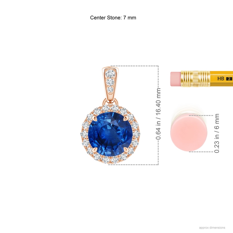 7mm AAA Claw-Set Round Sapphire Pendant with Diamond Halo in Rose Gold ruler