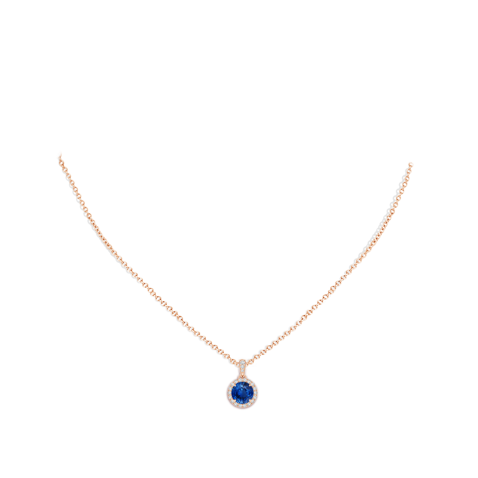 7mm AAA Claw-Set Round Sapphire Pendant with Diamond Halo in Rose Gold body-neck