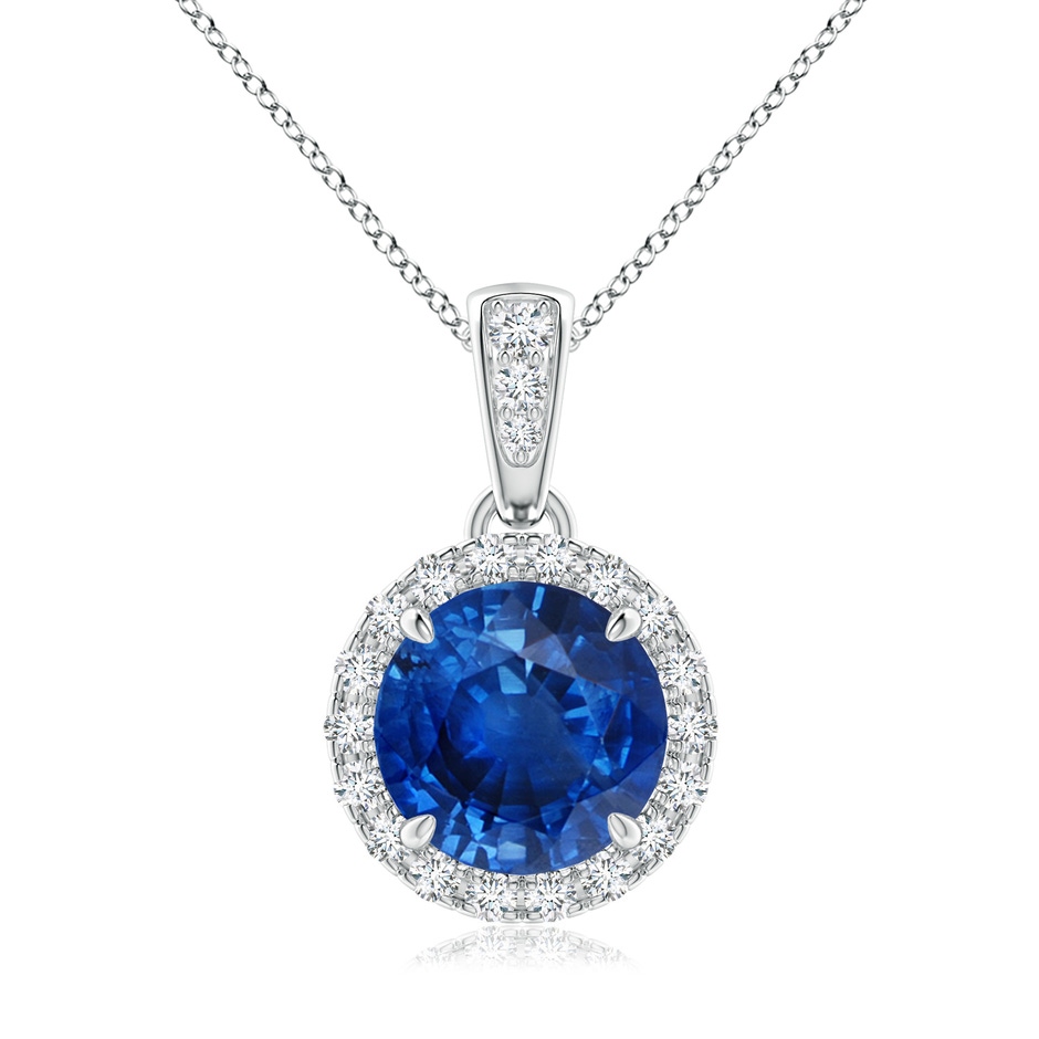 7mm AAA Claw-Set Round Sapphire Pendant with Diamond Halo in White Gold 