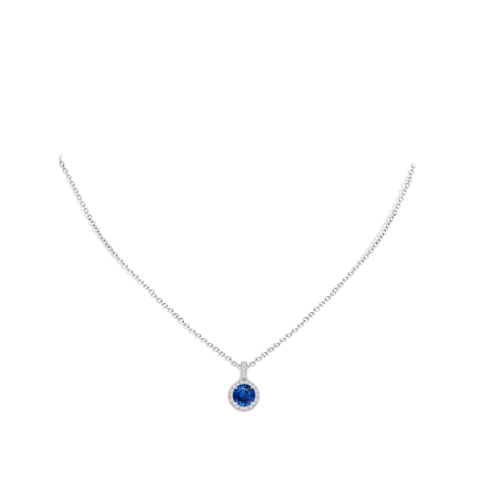 7mm AAA Claw-Set Round Sapphire Pendant with Diamond Halo in White Gold body-neck