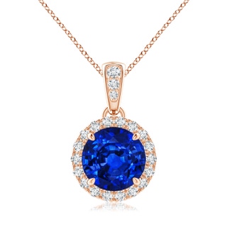 7mm AAAA Claw-Set Round Sapphire Pendant with Diamond Halo in 9K Rose Gold