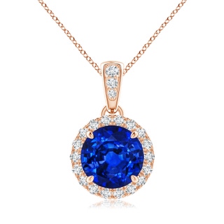 7mm AAAA Claw-Set Round Sapphire Pendant with Diamond Halo in Rose Gold