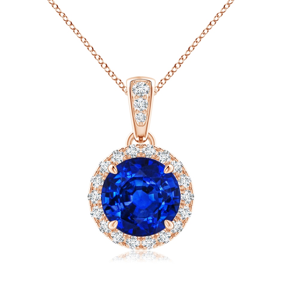 7mm Lab-Grown Claw-Set Round Sapphire Pendant with Diamond Halo in Rose Gold 