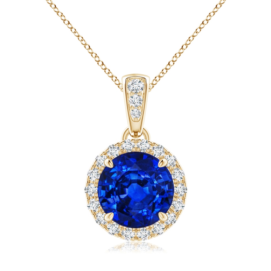 7mm AAAA Claw-Set Round Sapphire Pendant with Diamond Halo in Yellow Gold 