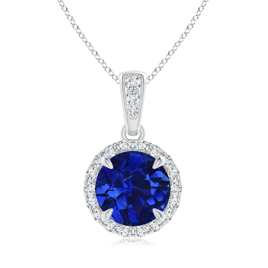 7.46-7.60x5.68mm AAA GIA Certified Claw-Set Sapphire Pendant with Diamond Halo in White Gold 