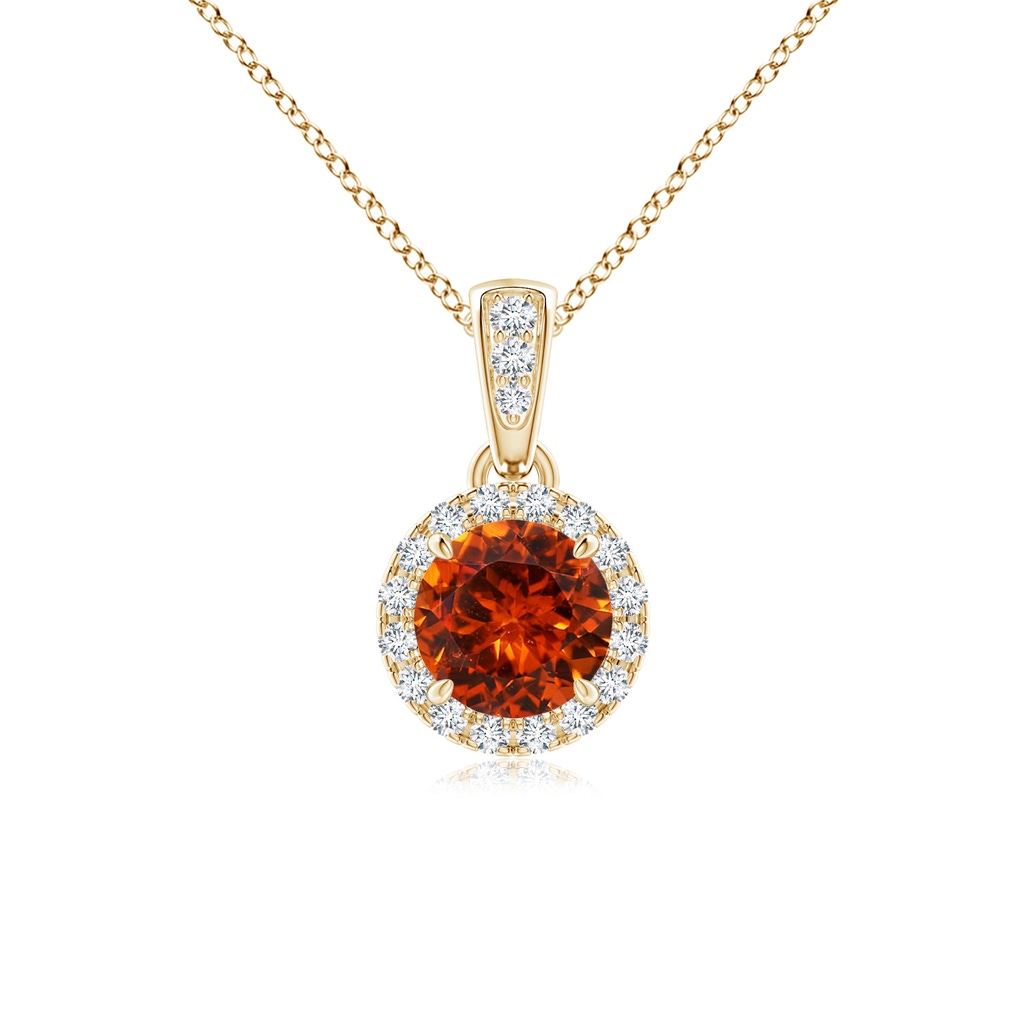 5mm AAAA Claw-Set Round Spessartite Pendant with Diamond Halo in Yellow Gold