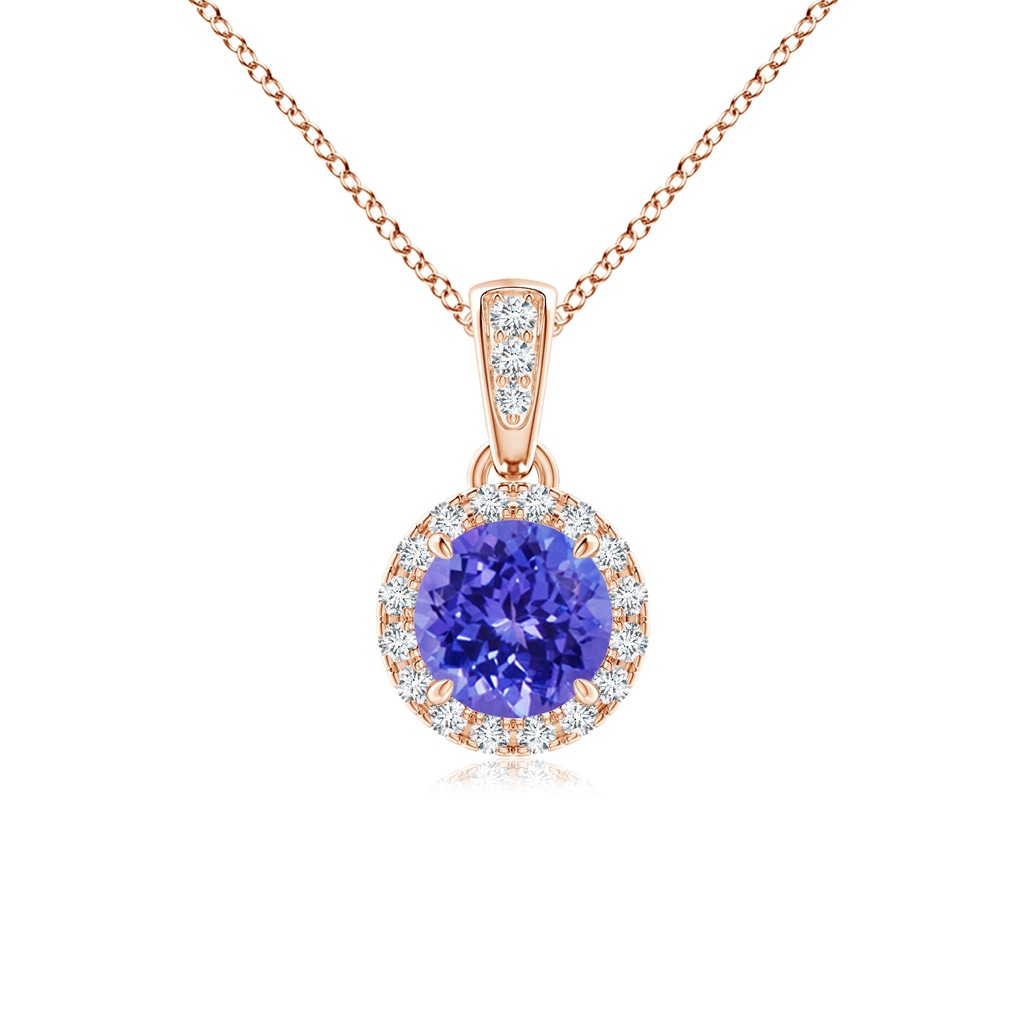 5mm AAAA Claw-Set Round Tanzanite Pendant with Diamond Halo in Rose Gold