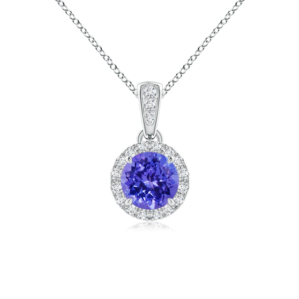 5mm AAAA Claw-Set Round Tanzanite Pendant with Diamond Halo in White Gold