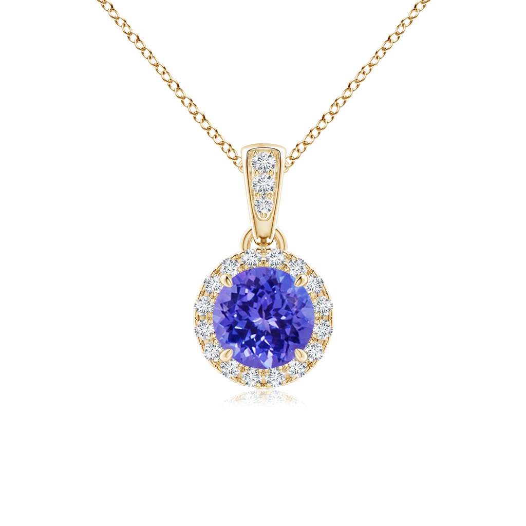 5mm AAAA Claw-Set Round Tanzanite Pendant with Diamond Halo in Yellow Gold