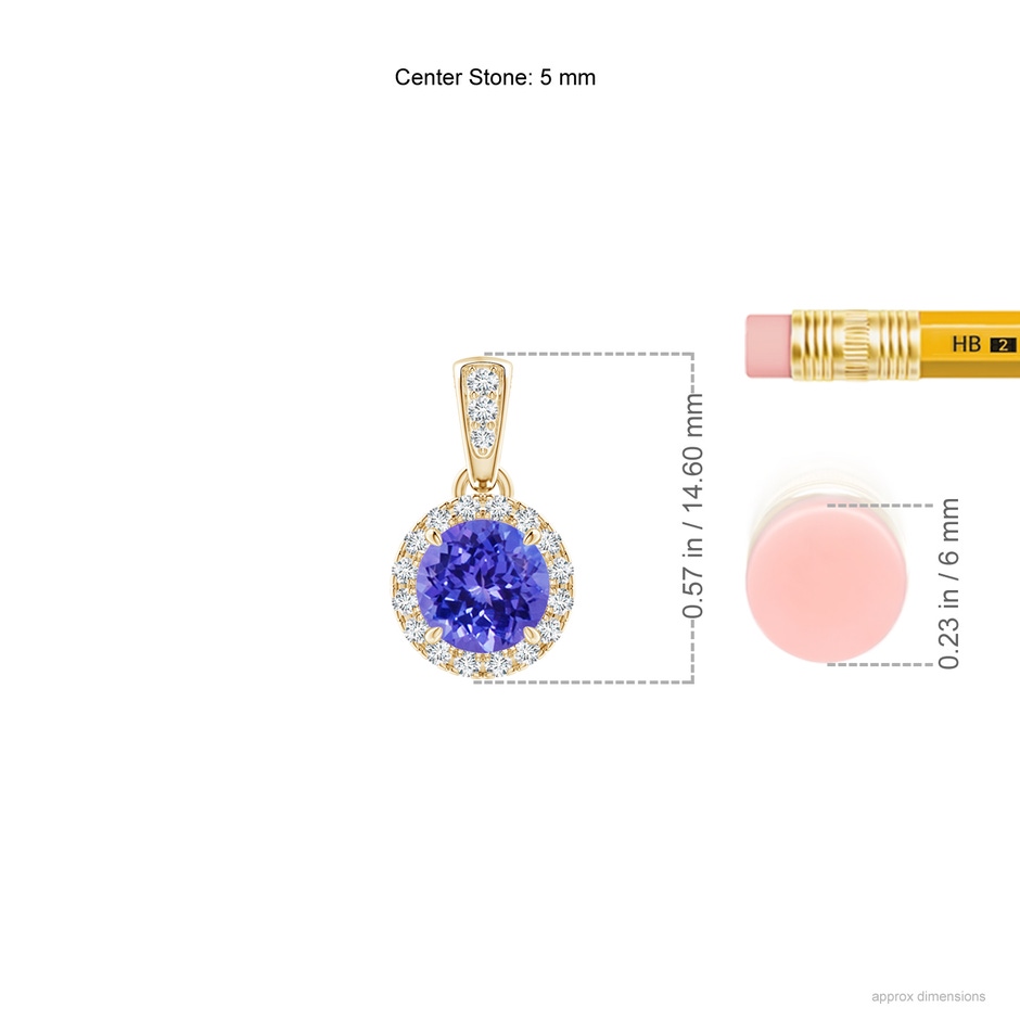 5mm AAAA Claw-Set Round Tanzanite Pendant with Diamond Halo in Yellow Gold ruler