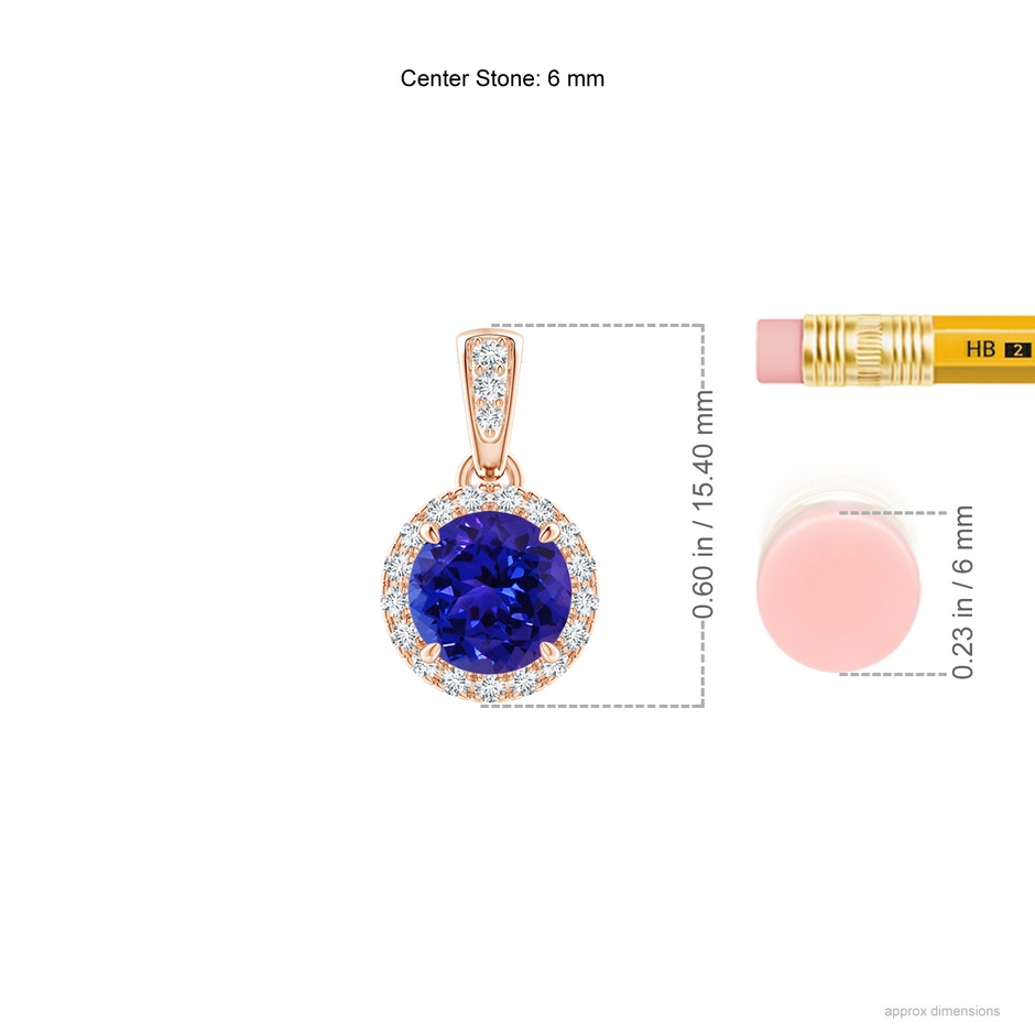 6mm AAAA Claw-Set Round Tanzanite Pendant with Diamond Halo in Rose Gold ruler