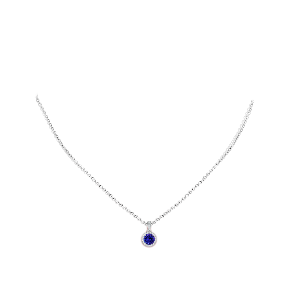6mm AAAA Claw-Set Round Tanzanite Pendant with Diamond Halo in White Gold body-neck
