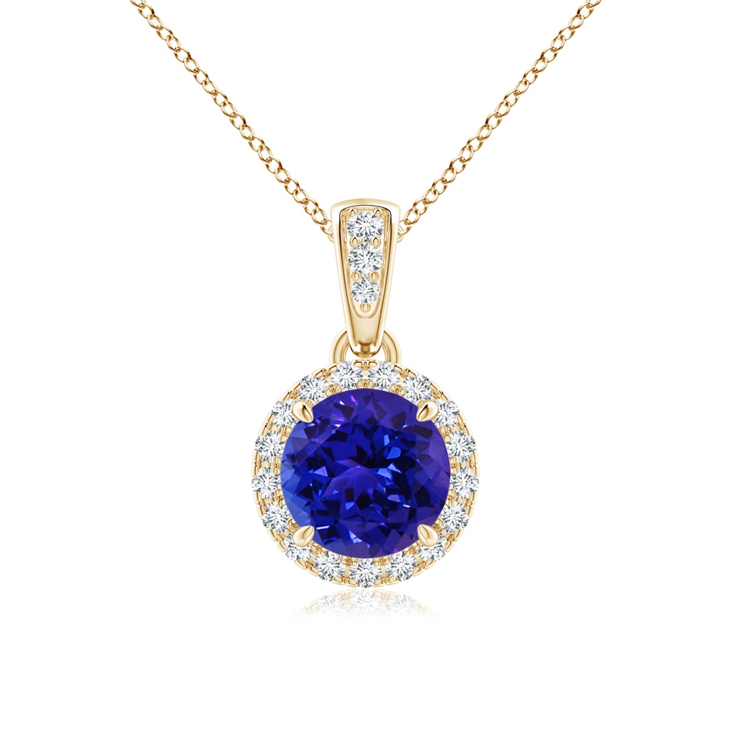 6mm AAAA Claw-Set Round Tanzanite Pendant with Diamond Halo in Yellow Gold