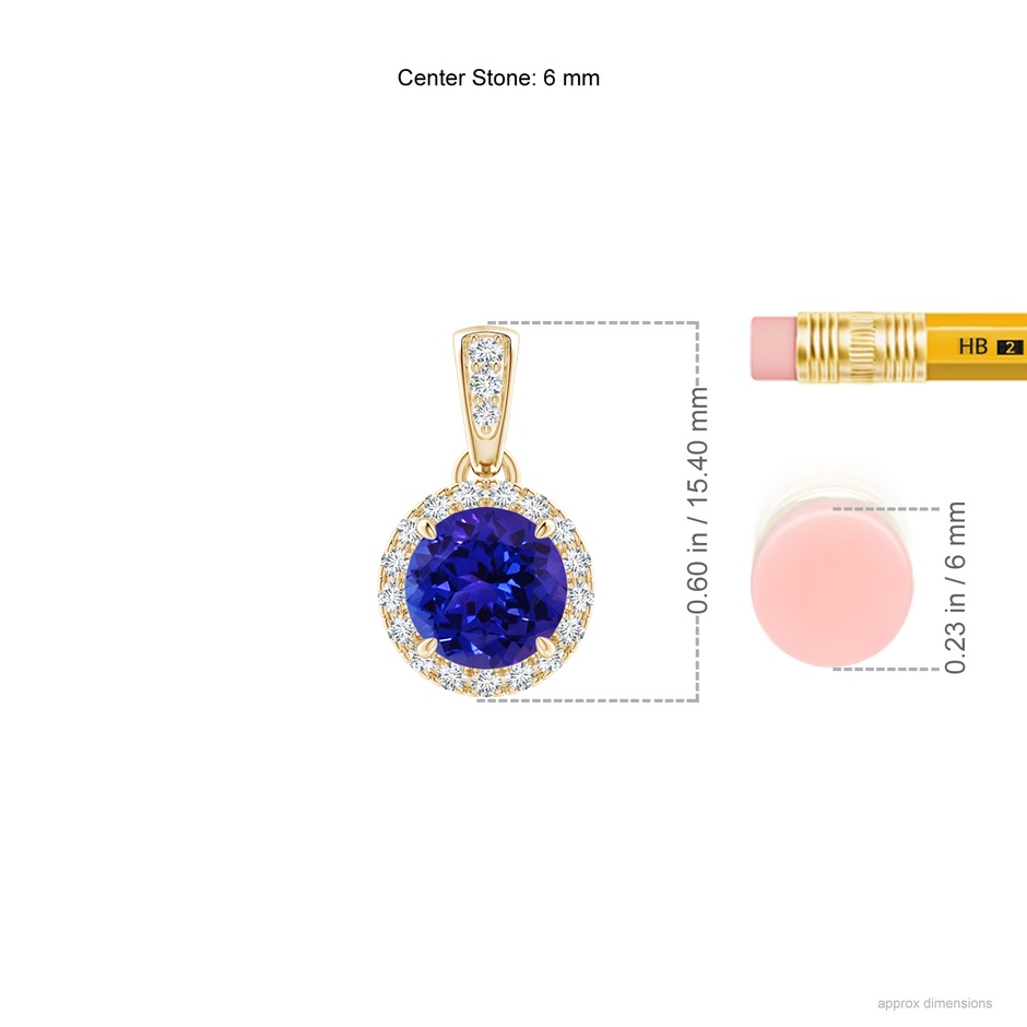 6mm AAAA Claw-Set Round Tanzanite Pendant with Diamond Halo in Yellow Gold ruler