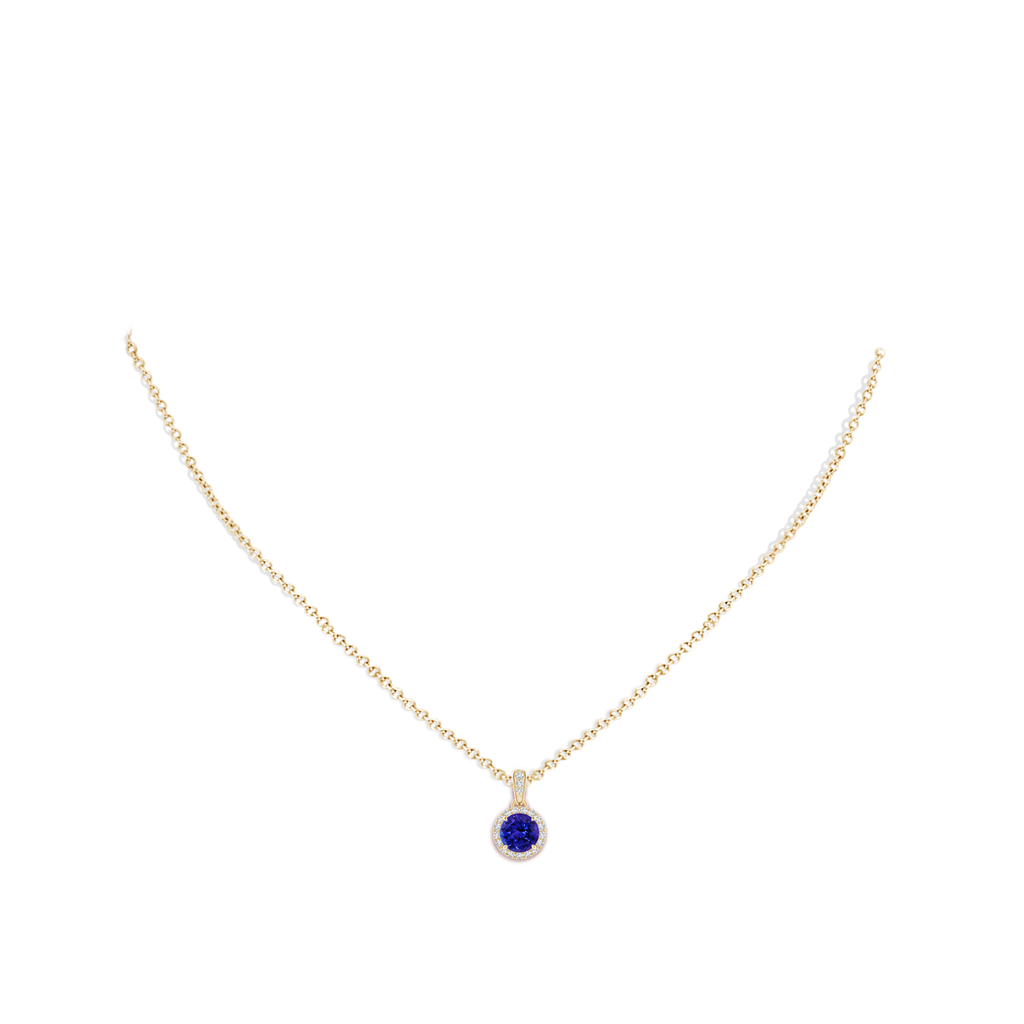 6mm AAAA Claw-Set Round Tanzanite Pendant with Diamond Halo in Yellow Gold Body-Neck