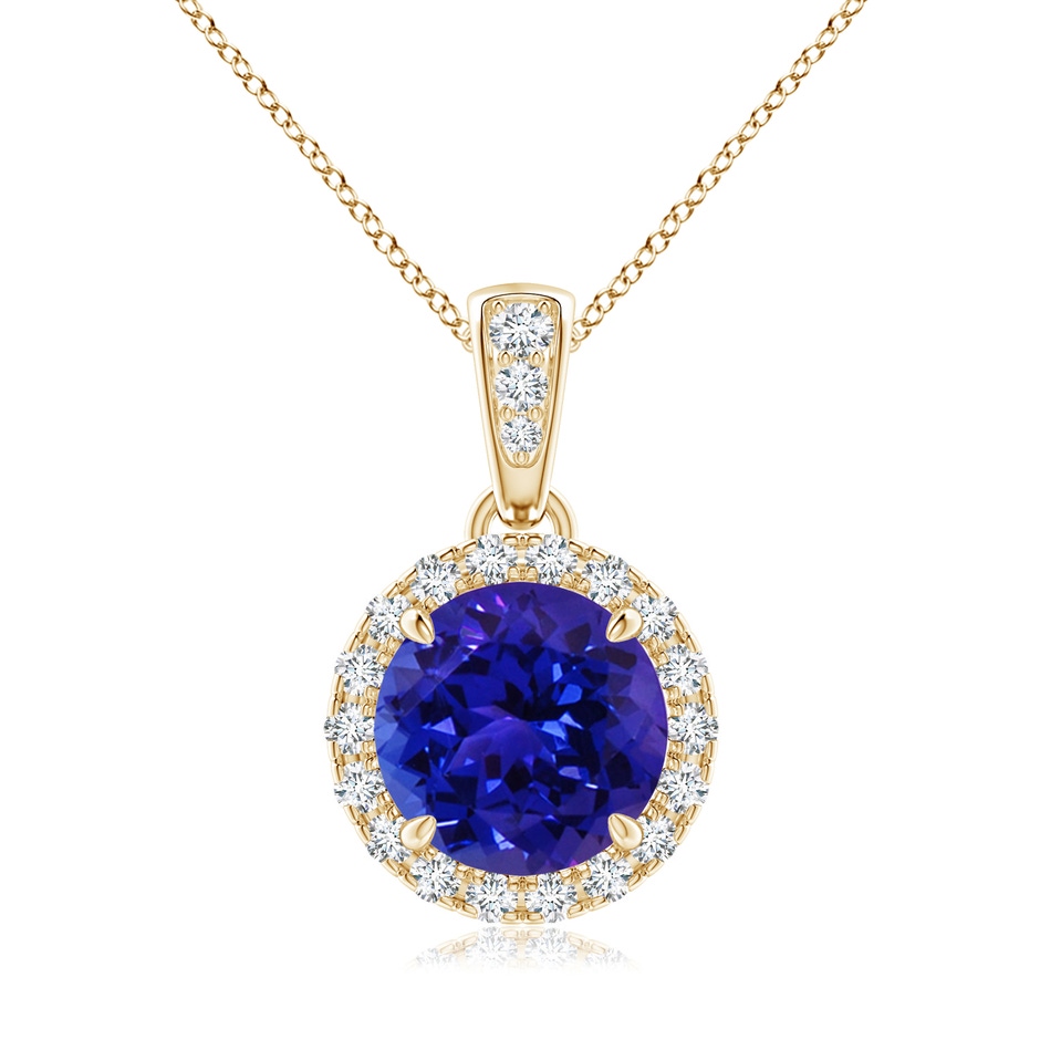 7mm AAAA Claw-Set Round Tanzanite Pendant with Diamond Halo in Yellow Gold 