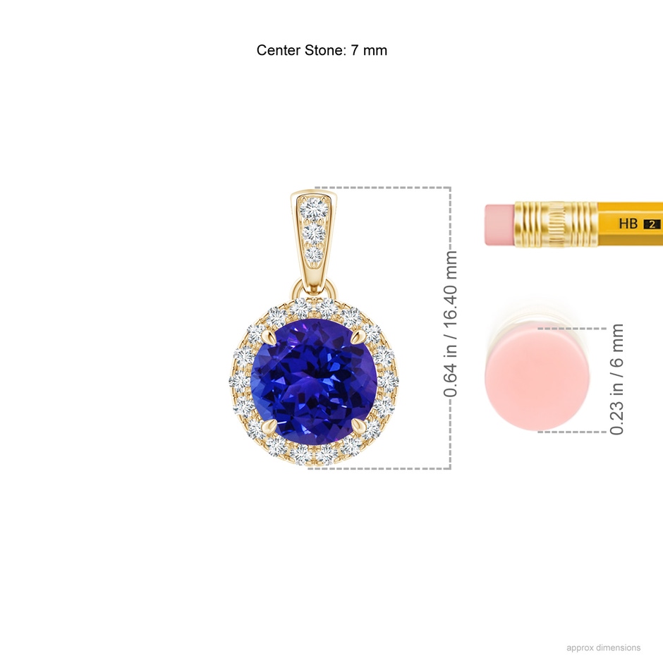 7mm AAAA Claw-Set Round Tanzanite Pendant with Diamond Halo in Yellow Gold ruler