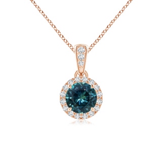 5mm AAA Claw-Set Round Teal Montana Sapphire Pendant with Diamond Halo in Rose Gold