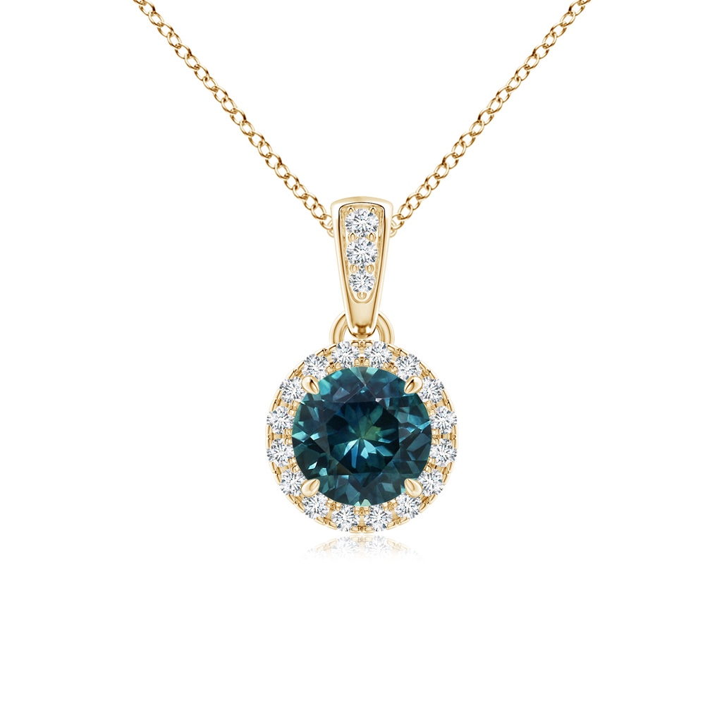 5mm AAA Claw-Set Round Teal Montana Sapphire Pendant with Diamond Halo in Yellow Gold
