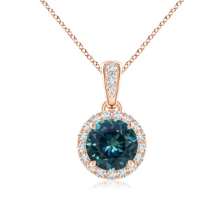 6mm AAA Claw-Set Round Teal Montana Sapphire Pendant with Diamond Halo in Rose Gold