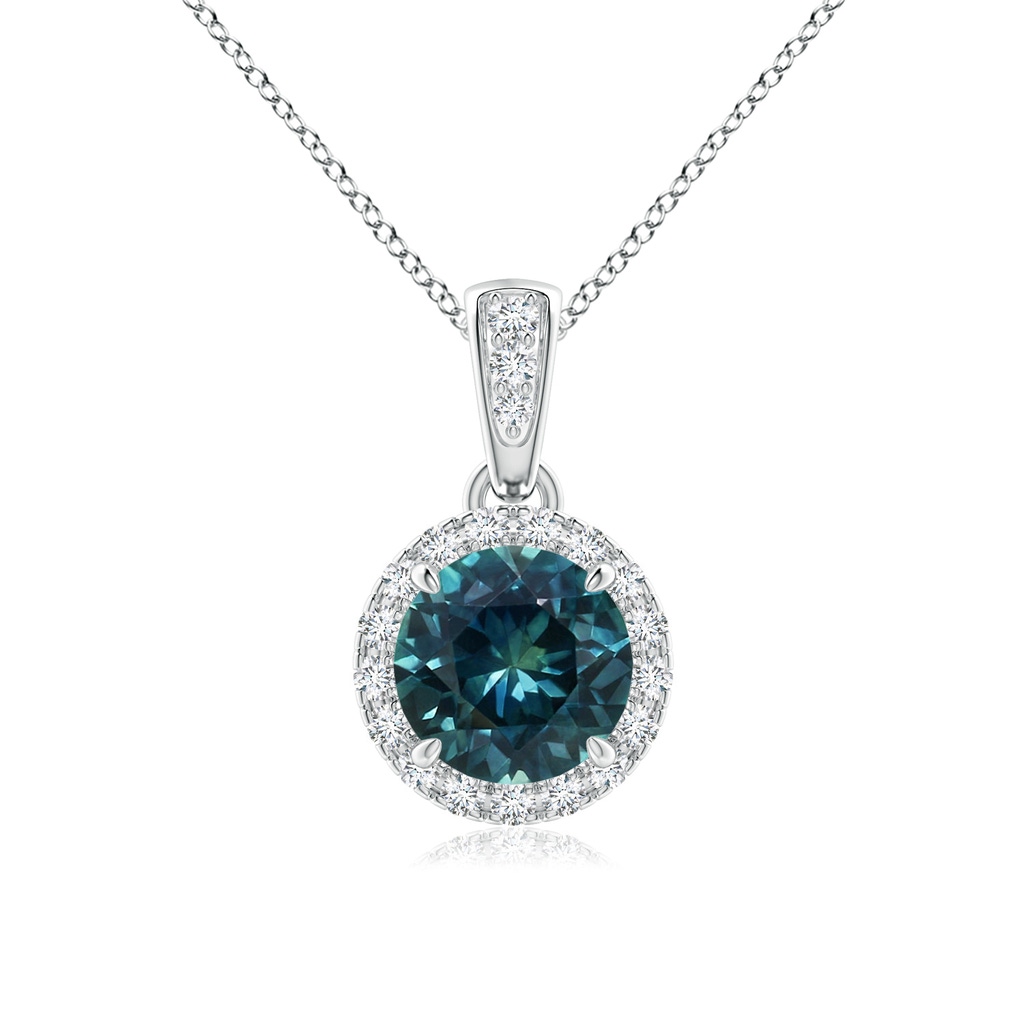 6mm AAA Claw-Set Round Teal Montana Sapphire Pendant with Diamond Halo in White Gold