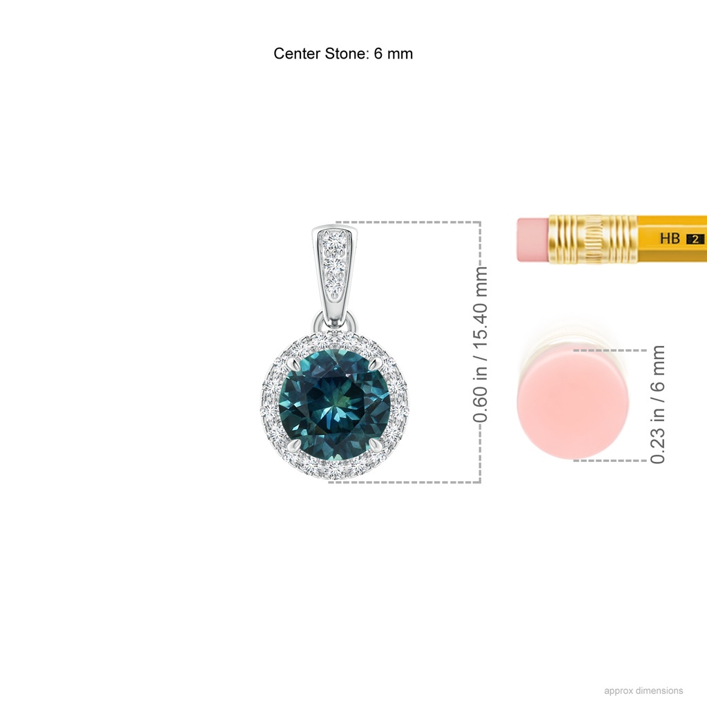 6mm AAA Claw-Set Round Teal Montana Sapphire Pendant with Diamond Halo in White Gold ruler