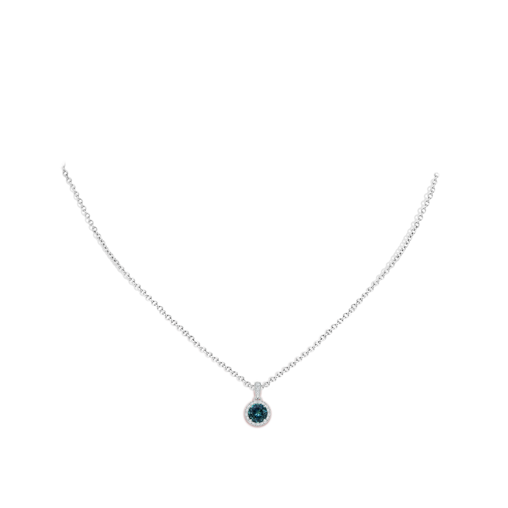 6mm AAA Claw-Set Round Teal Montana Sapphire Pendant with Diamond Halo in White Gold pen