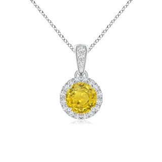 5mm AAA Claw-Set Round Yellow Sapphire Pendant with Diamond Halo in 9K White Gold