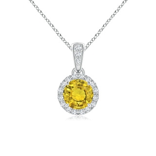 5mm AAAA Claw-Set Round Yellow Sapphire Pendant with Diamond Halo in White Gold