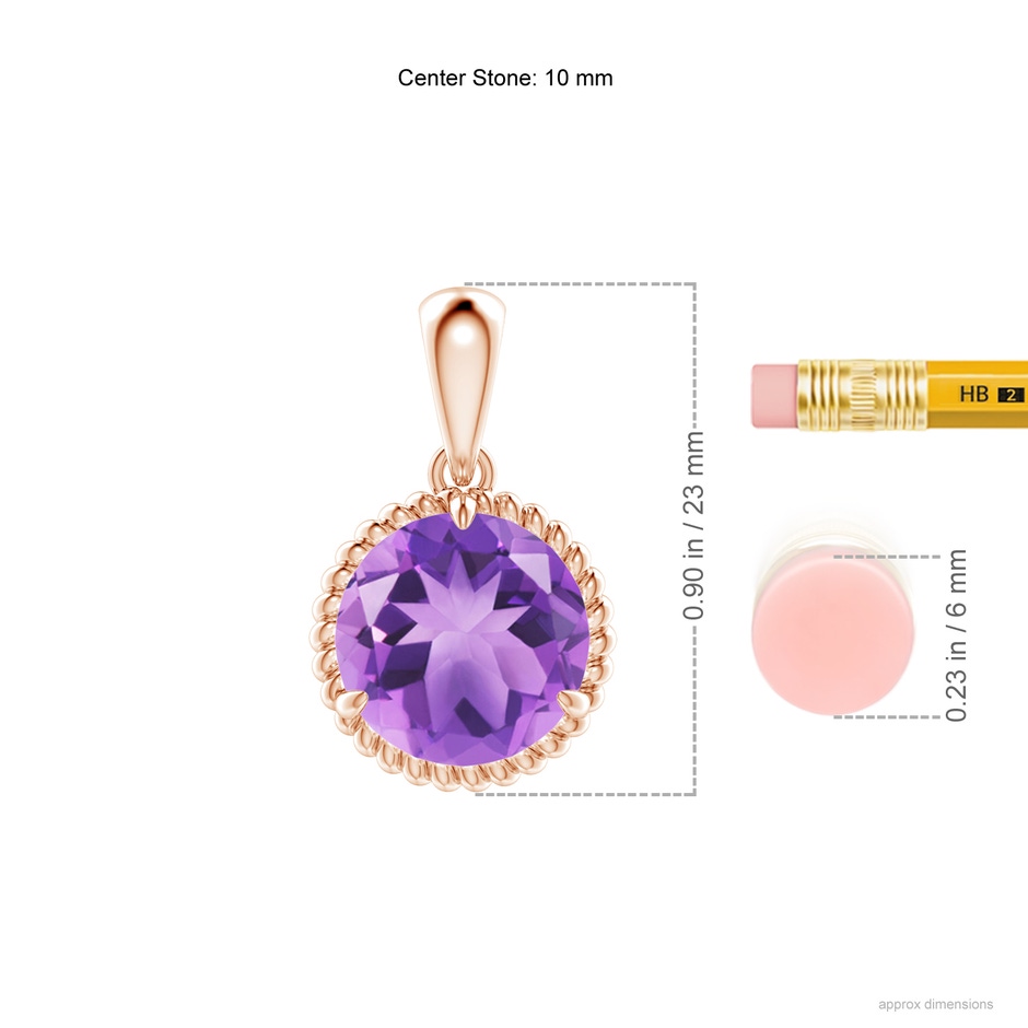 10mm A Rope-Framed Claw-Set Amethyst Solitaire Pendant in Rose Gold ruler