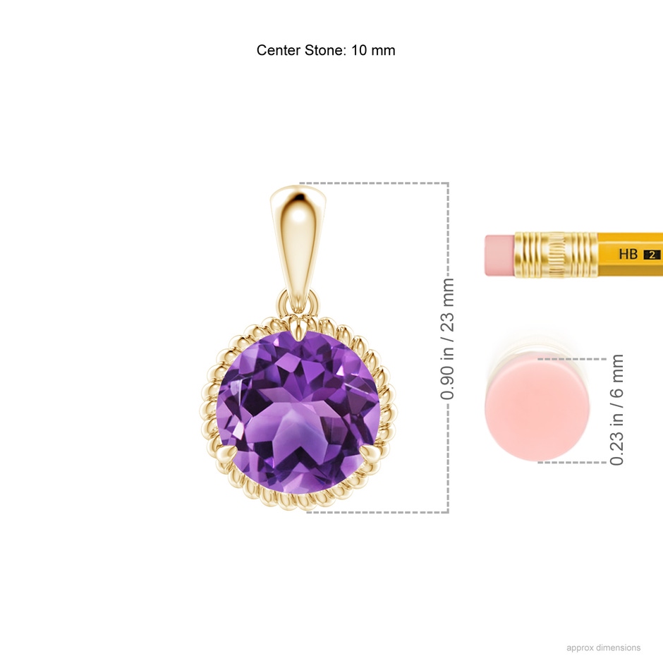 10mm AA Rope-Framed Claw-Set Amethyst Solitaire Pendant in Yellow Gold ruler