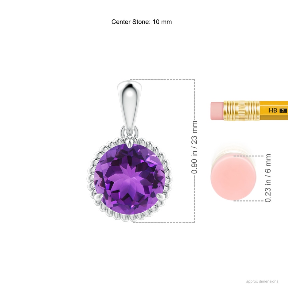10mm AAA Rope-Framed Claw-Set Amethyst Solitaire Pendant in White Gold ruler