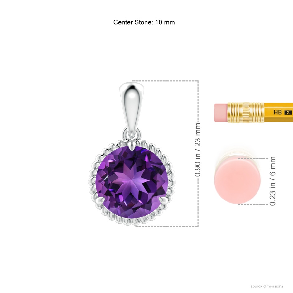 10mm AAAA Rope-Framed Claw-Set Amethyst Solitaire Pendant in P950 Platinum ruler