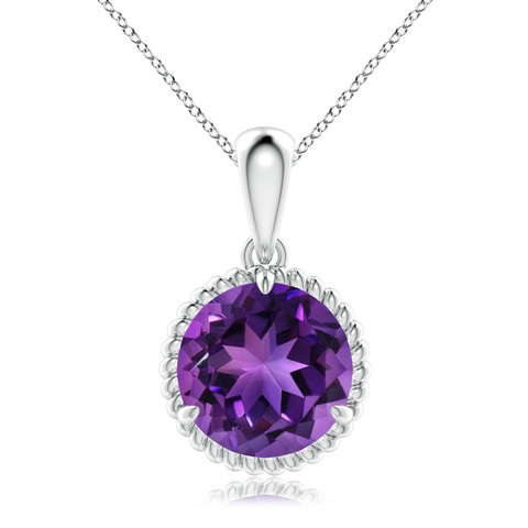 14K White Gold 7mm Round Amethyst Solitaire Pendant Necklace With Silver Chain Included
