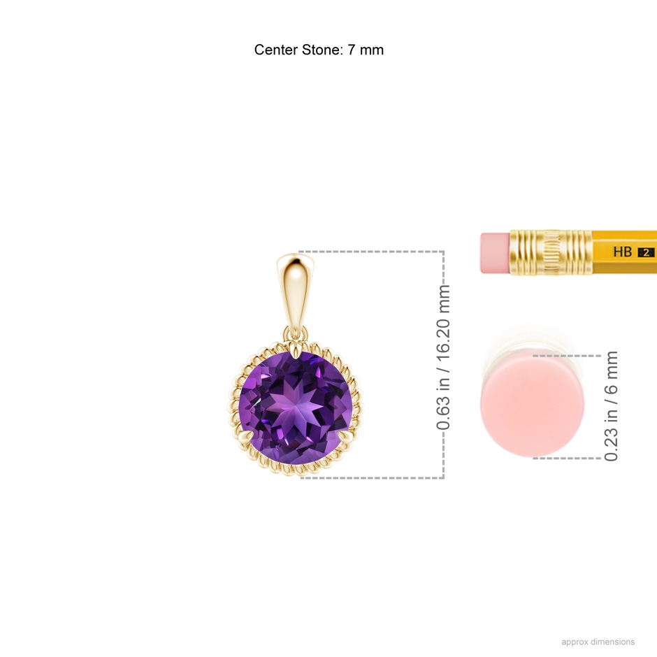 7mm AAAA Rope-Framed Claw-Set Amethyst Solitaire Pendant in Yellow Gold ruler