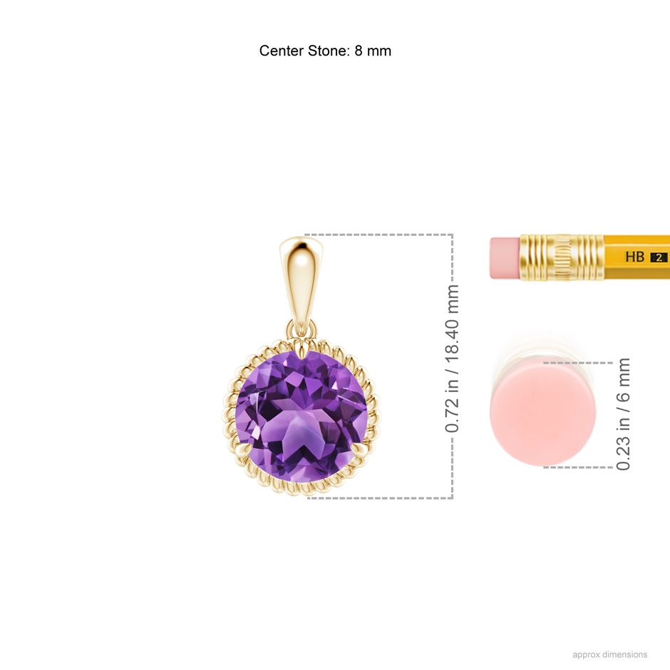 8mm AA Rope-Framed Claw-Set Amethyst Solitaire Pendant in Yellow Gold ruler