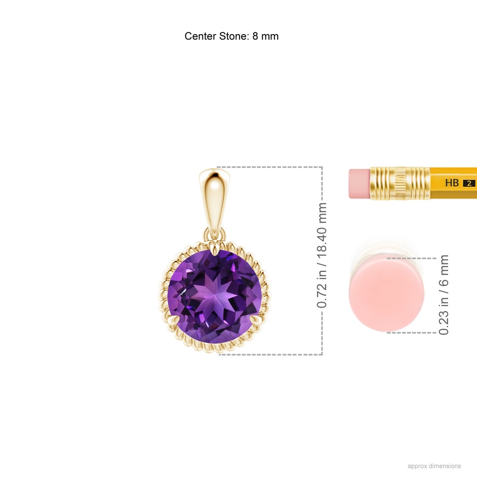 8mm AAAA Rope-Framed Claw-Set Amethyst Solitaire Pendant in Yellow Gold ruler