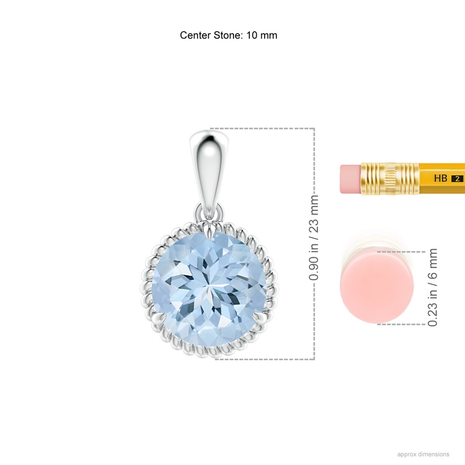 10mm AA Rope-Framed Claw-Set Aquamarine Solitaire Pendant in White Gold ruler